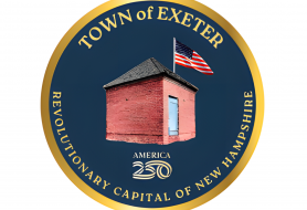 Logo for Exeter 250 showing the brick powder house with "Town of Exeter" written in hold above 