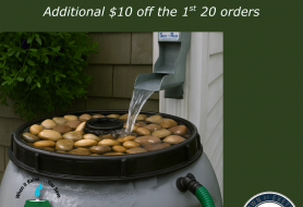 Image of a rain barrel collecting water from a gutter downspout