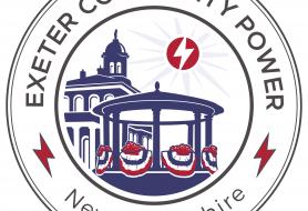 Exeter Community Power circular logo with a drawing of the exeter town hall and band stand in blue with red electric lightning