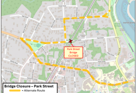 Map showing streets in Exeter with Park Street Bridge closed