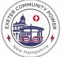 Exeter Community Power circular logo with a drawing of the exeter town hall and band stand in blue with red electric lightning