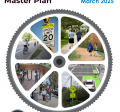 cover of the report showing a bike wheel spoke with images of bike and ped infrastructure inside
