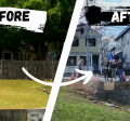 before and after photo showing wooden fence replaced by smaller new metal fence