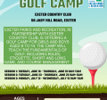 This image shows a graphic of a golf ball on a tee advertising a summer youth golf camp