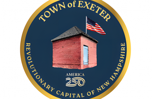 Logo for Exeter 250 showing the brick powder house with "Town of Exeter" written in hold above