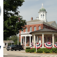 Photo of the Exeter Town Hall, the Town Seal, and the words Town Hall Survey. 