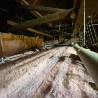 new pink insulation lines the attic floor of town hall