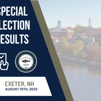Special Election Results text with town logo and an image of the Exeter skyline on the right
