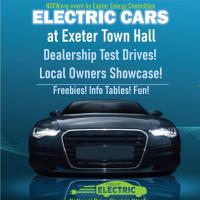 a poster for an electric car event with text over the image of an electric car