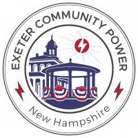 Exeter Community Power logo with blue Town Hall and Band Stand with a red circle and white lightning bolt 