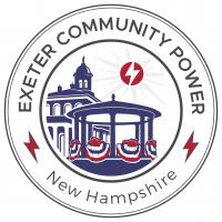 Exeter Community Power circular logo with a drawing of the exeter town hall and band stand in blue with red electric lightning