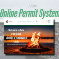 notice saying online permit system with a screen shot of the website with an image of a camp fire