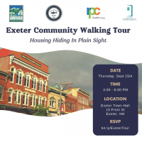 A poster for the event showing a brick building downtown with the words Exeter Community Walk Tour on a white background