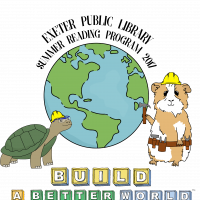 Picture of a tortoise and a guinea pig in construction gear flanking a globe.  Text reads "Exeter Public Library Summer Reading"