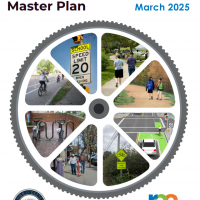 cover of the report showing a bike wheel spoke with images of bike and ped infrastructure inside