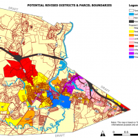 A zoning map showing various colors to represent potential zoning changes in Exeter