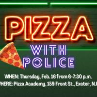 green background with text reading pizza with police