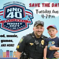 poster showing national night out with a police officer and child smiling for the camera 