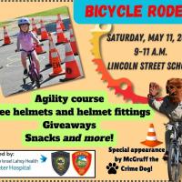 Bike Rodeo flyer reading Saturday May 11th from 9 am to 11 AM at Lincoln Street School