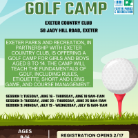 This image shows a graphic of a golf ball on a tee advertising a summer youth golf camp
