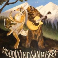 A wolf playing the saxophone and a bear playing the guitar