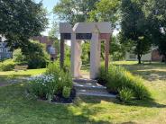 Founders park sculpture with flowers