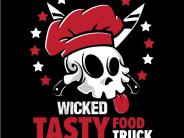 Wicked Tasty food truck logo of a skull with a chefs hat