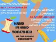 Image of hand with a compost bin saying together we can reduce food waste