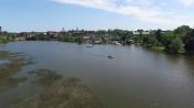 An aerial photograph looking over the Squamscott River towards downtown Exeter