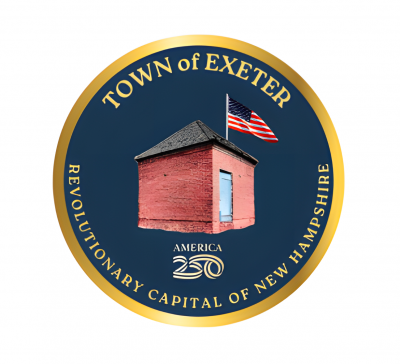 Logo for Exeter 250 showing the brick powder house with "Town of Exeter" written in hold above