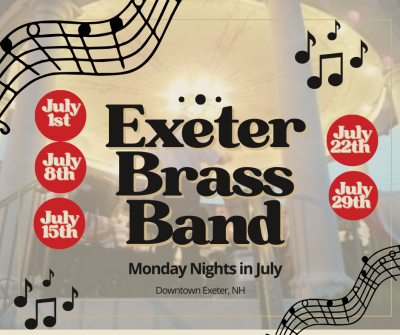 text reading Exeter Brass Band over a photo of the band playing from the band stand