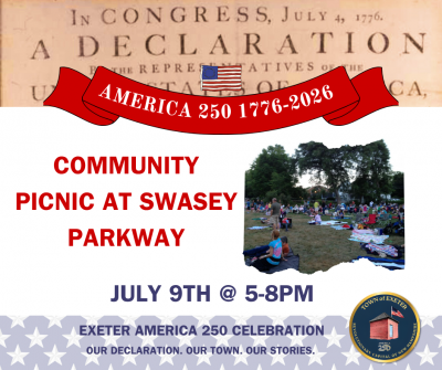 Flyer reading "Community Picnic & Concert July 9th @ 5 PM " with a photo of the Swasey Parkway pavilion and a band playing