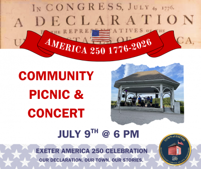 Flyer reading "Community Picnic & Concert July 9th @ 6 PM " with a photo of the Swasey Parkway pavilion and a band playing