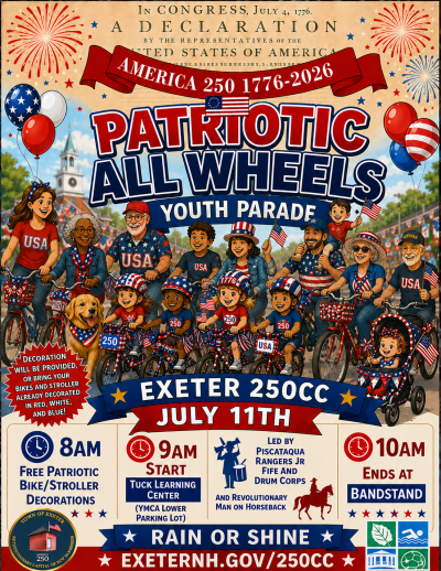 AI generated poster showing people of all ages in red, white, and blue on decorated bicycles