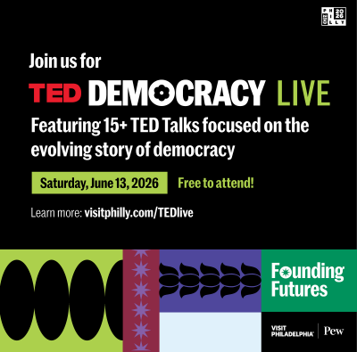 text on image reading Join us for TED democracy live featuring 15+ TED talks focused on the evolving story of democracy
