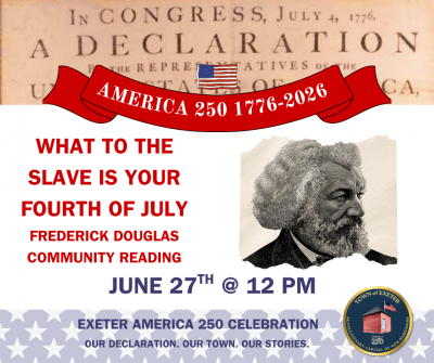 a flyer for an event titled "What to the slave is your fourth of July, Frederick Douglas Community Reading" on June 27th at 12PM