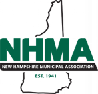 NH municipal association logo in green letters over a black outline of the state of new hampshire