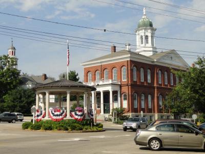 band stand with town hall in the background