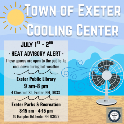 flyer reading town of exeter cooling center for july 1st and 2nd at library and parks and rec