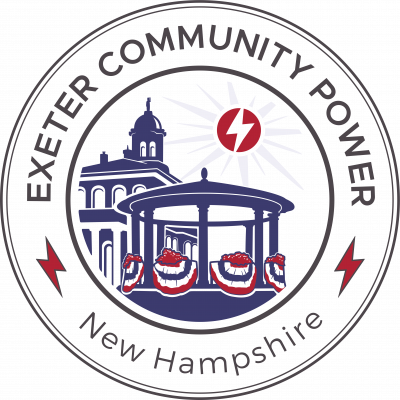 Exeter Community Power Logo with Exeter Community Power on the top with a blue drawing of the town hall and band stand