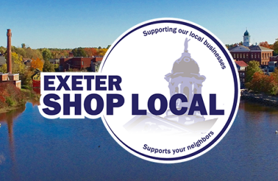 backdrop aerial photo of the Exeter skyline with river in foreground with the words Exeter Shop Local over it.