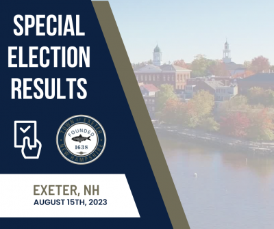Special Election Results text with town logo and an image of the Exeter skyline on the right