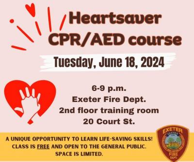 CPR class flyer Tuesday June 18th from 6 to 9 PM