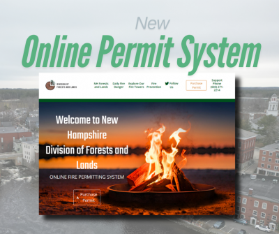 notice saying online permit system with a screen shot of the website with an image of a camp fire