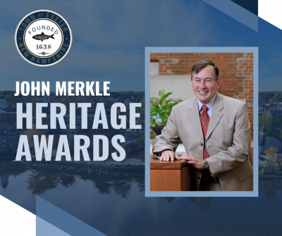 Text reading "John Merkle Heritage Awards" with the town of Exeter seal next to a portrait photo of John Merkle