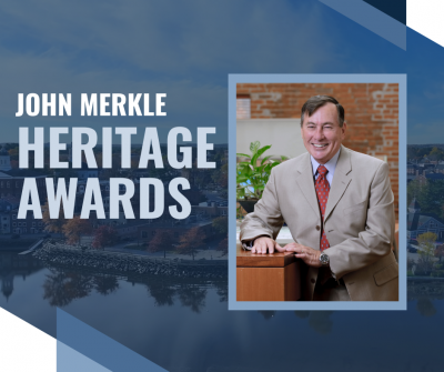 Text reading "John Merkle Heritage Awards" next to a portrait photo of John Merkle