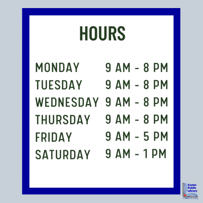 Exeter Public Library hours are Monday-Thursday 9:00 AM-8:00 PM, Friday 9:00 AM-5:00 PM, Saturday 9:00 AM-1:00 PM, Sunday Closed