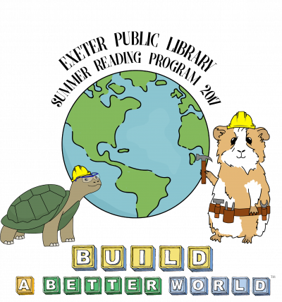 Picture of a tortoise and a guinea pig in construction gear flanking a globe.  Text reads "Exeter Public Library Summer Reading"