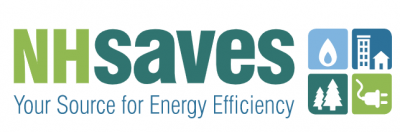 logo reading NH Saves, second line: Your source for energy efficiency with a picture of water, a building, trees, and electrical
