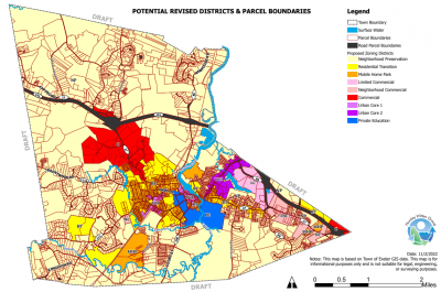 a map showing various colors over the town boundary to represent potential zoning changes